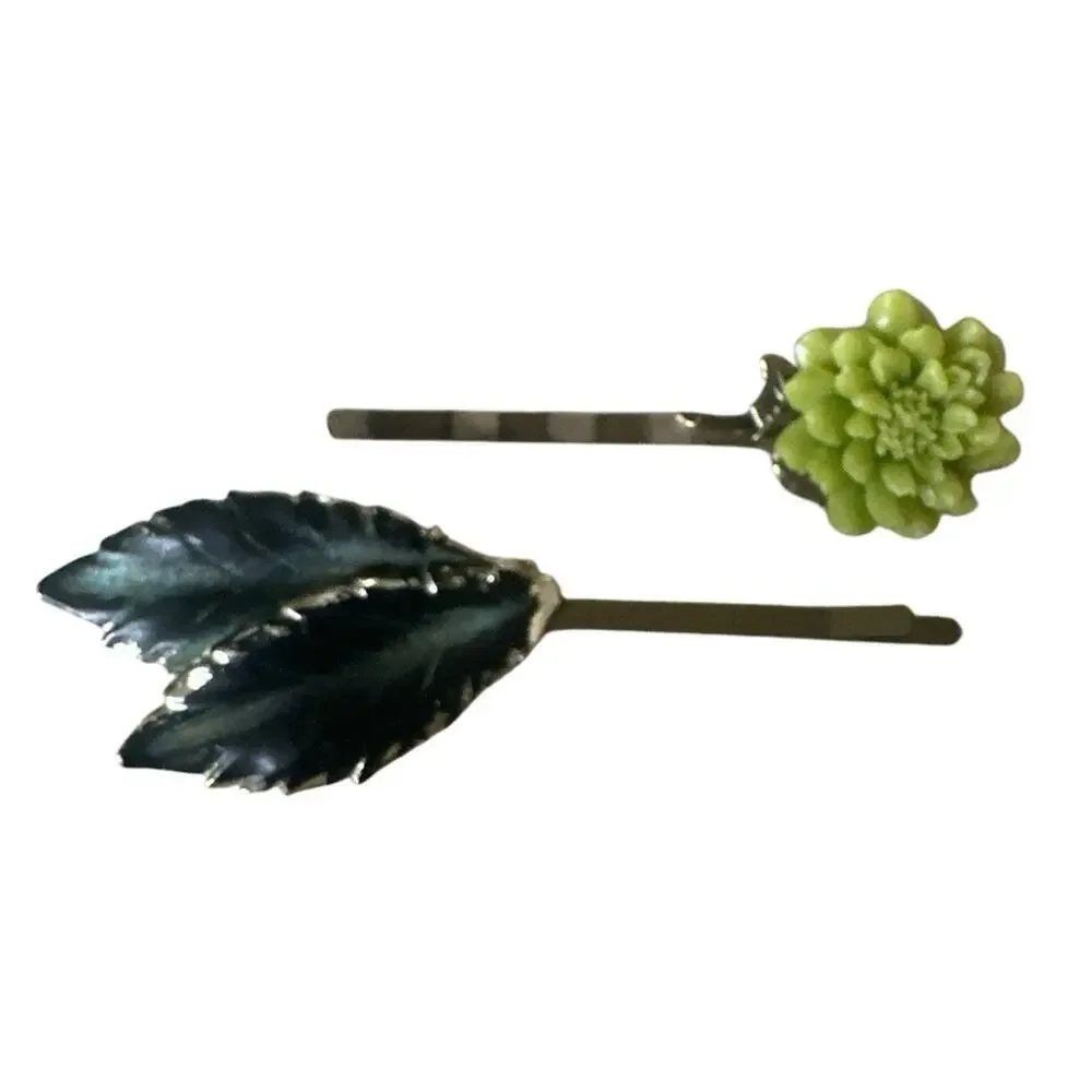 Green Flower Leaf Hair Clips Hairpin Set Vintage Jewelry Accessories Barrettes